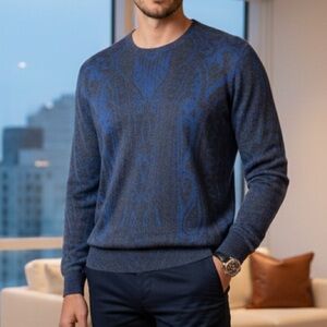 ETRO Cashseta Blue Paisley Cashmere Silk Crewneck Sweater Size S